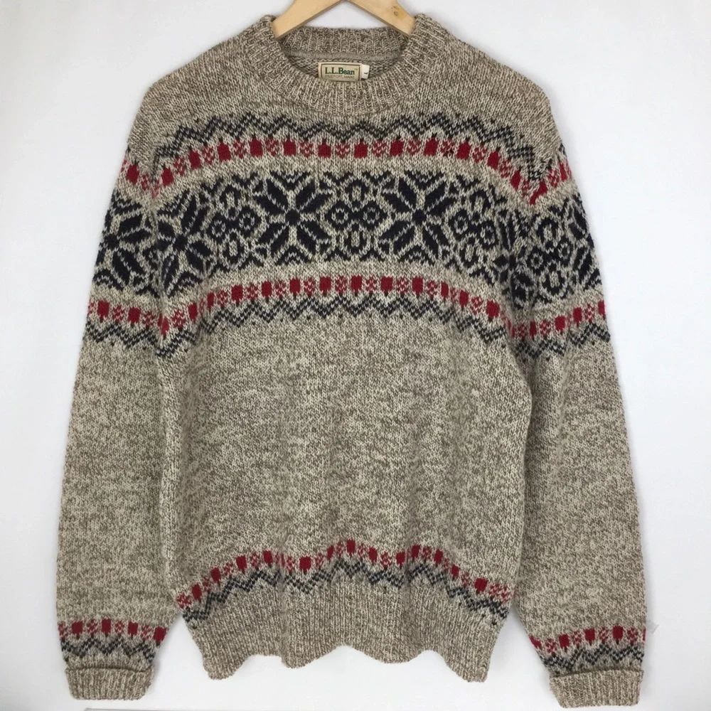 Vintage L.L. Bean Fair Isle Wool Sweater Size L Nordic Snowflake Crewneck USA